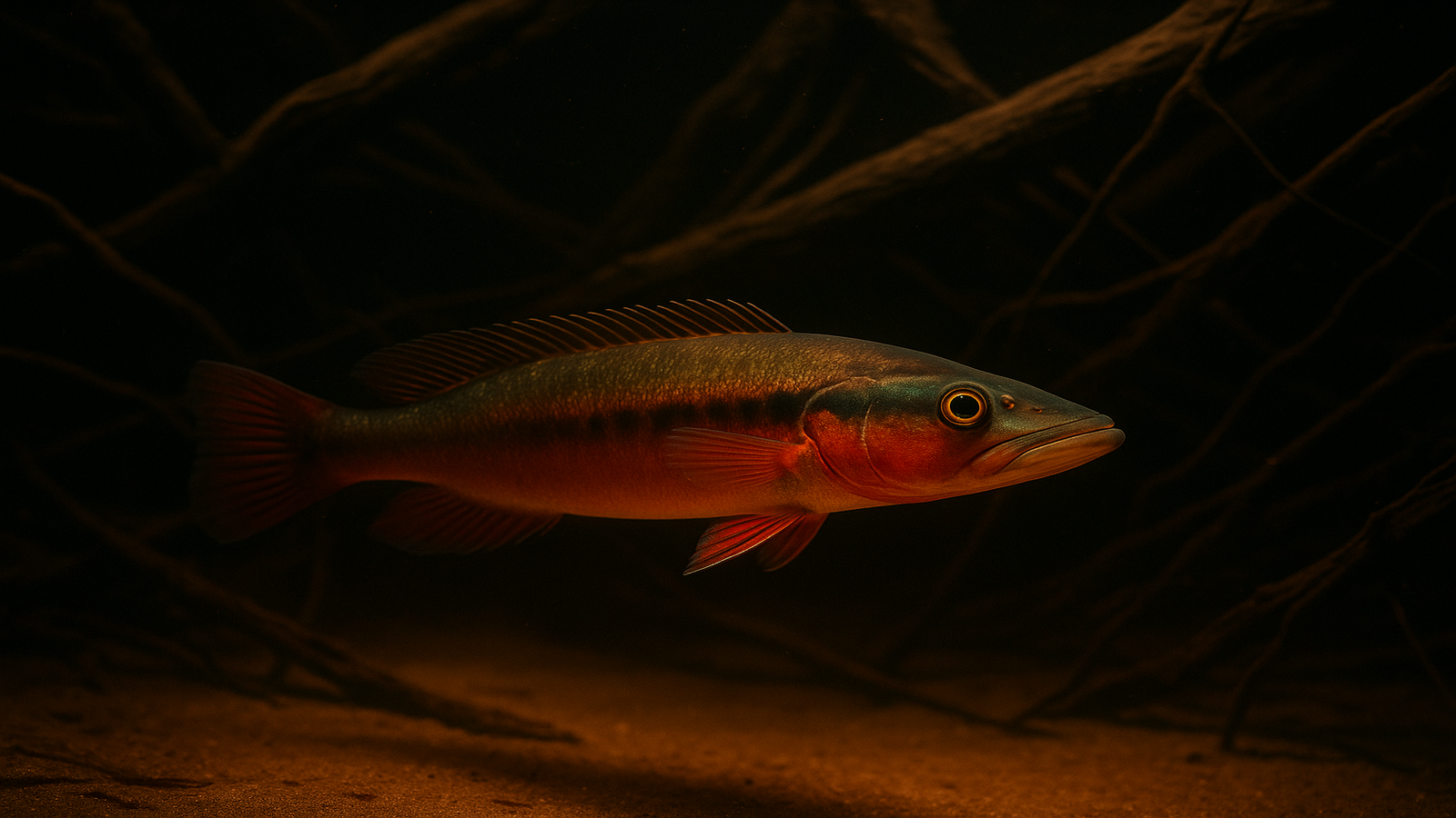 Red Atabapo Pike Cichlid (Crenicichla sp. Atabapo) in a blackwater biotope aquarium