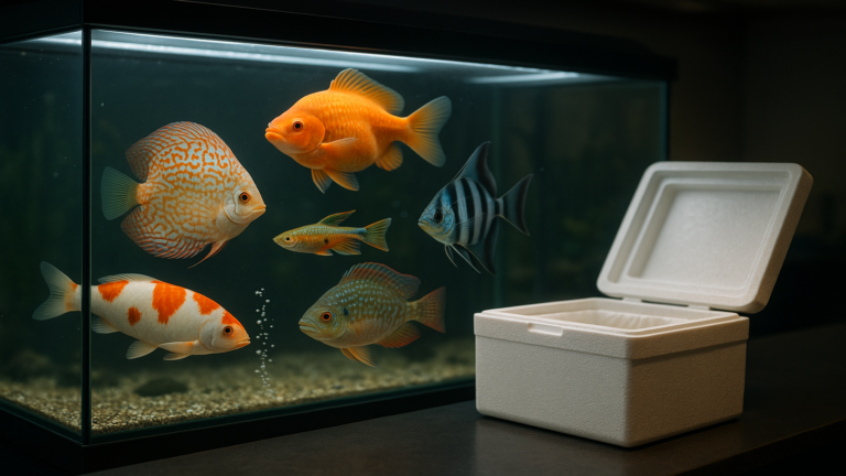 rare tropical fish specimens in live aquarium auction display with insulated transport packaging